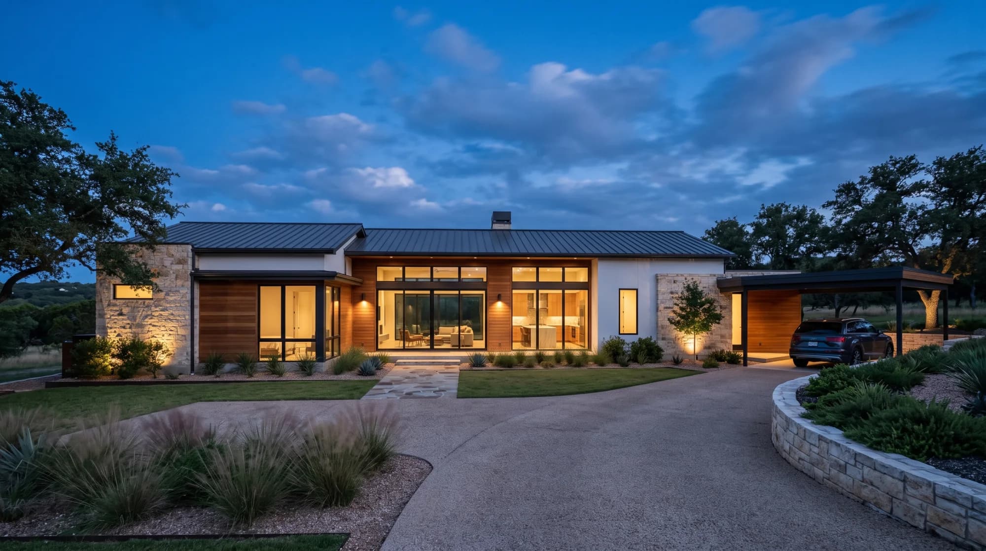 A modern Texas home glowing at dusk