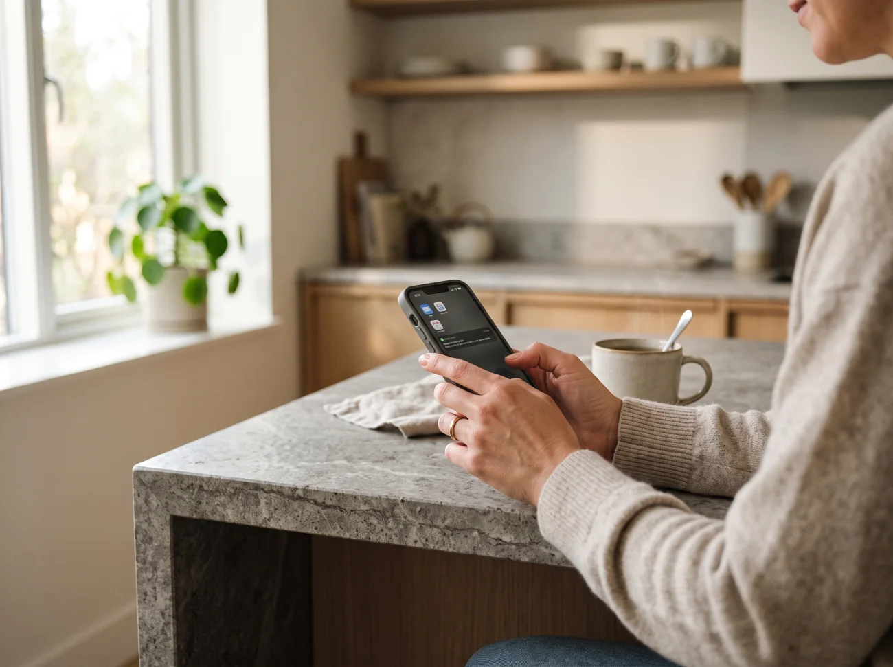 A person calmly checking their phone in a bright kitchen