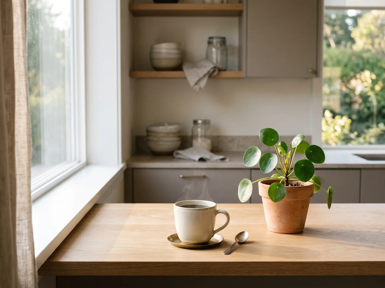 A sunlit kitchen counter with a cup of coffee, calm and orderly
