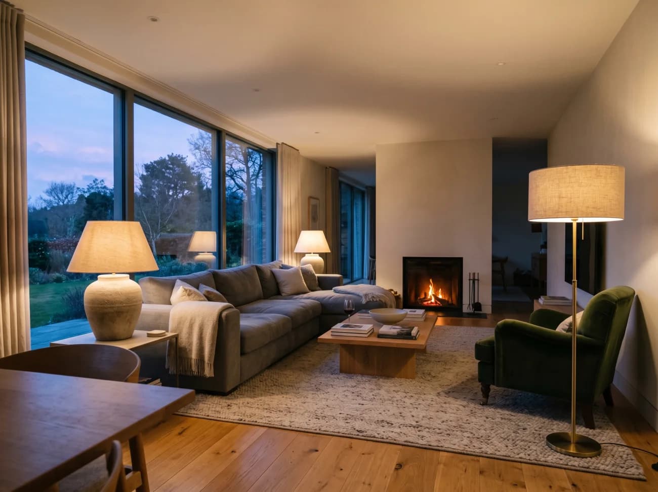 A modern living room, warmly lit in the evening