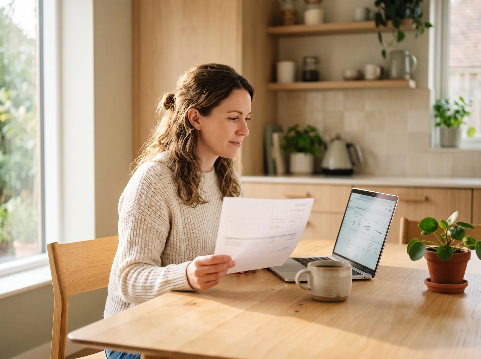 A woman at a sunlit kitchen table comparing her electricity bill against her options on a laptop
