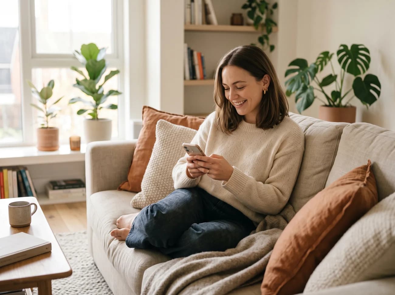 A person smiling at a friendly reply on their phone
